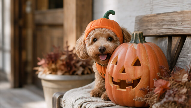 Small fluffy dog wearing a pumpkin costume sitting next to a carved jack-o'-lantern. Toy poodle on a wooden porch bench during autumn. Halloween pet celebration concept