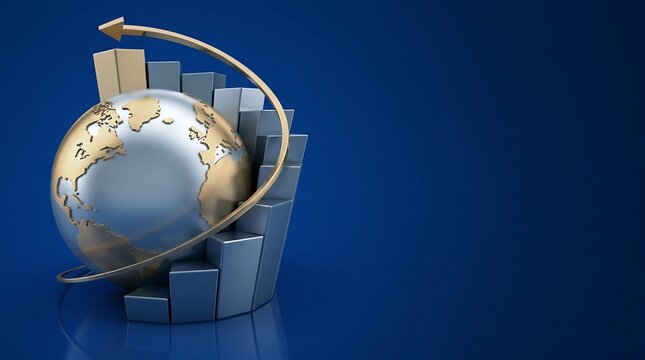 Global business growth concept with metallic earth globe surrounded by ascending bar graph and success arrow on blue background