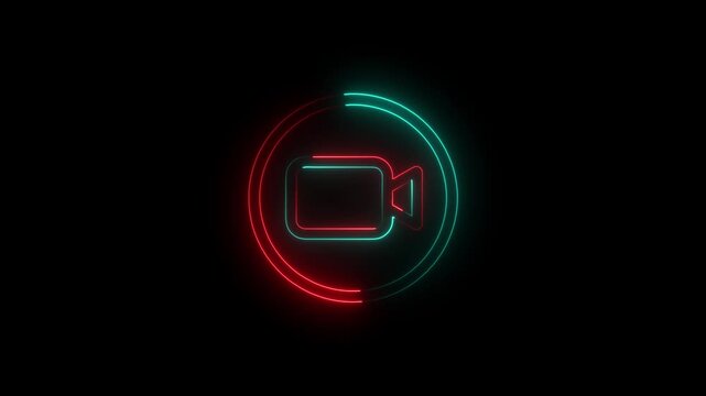 Glowing neon video camera icon inside circular frame animation on black background