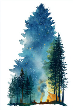 Watercolor campsite with orange tent and glowing campfire beneath towering pine trees and a dreamy blue night sky
