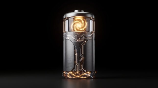 A sophisticated futuristic battery with a glowing golden energy core and illuminated circuit patterns on a black background.