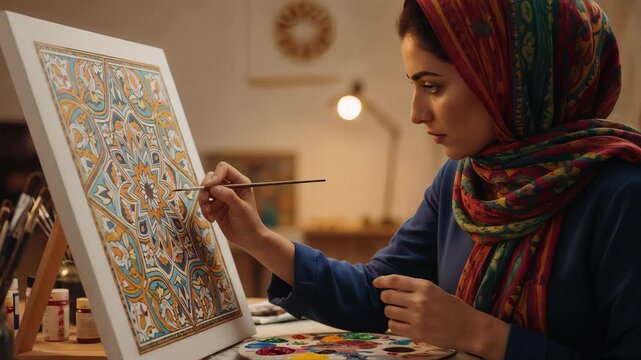 Arab woman wearing a colorful headscarf painting an intricate geometric design on a canvas. Artist meticulously working on a traditional decorative pattern in a warmly lit studio. Creative process
