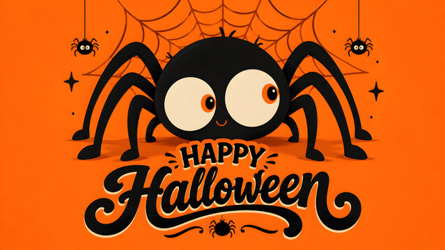 Cute cartoon spider with large eyes and a web on an orange background for halloween celebration