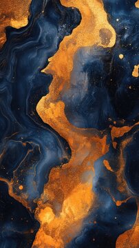 A mesmerizing abstract design with swirling navy and vibrant gold creates dynamism