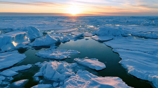 Arctic sea ice breaking up at sunset with open water channels and ice floes in polar region
