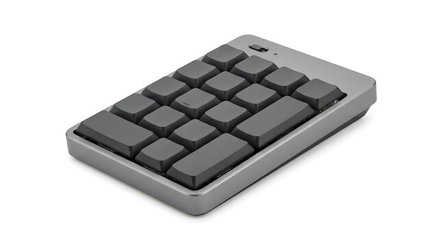 Grey wireless mechanical numeric keypad on a white background