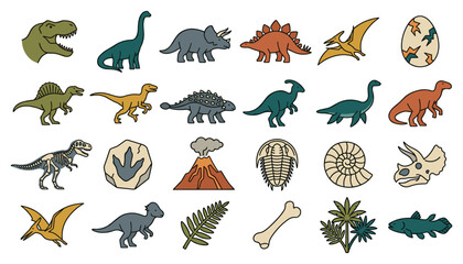Prehistoric Dinosaur and Fossil Vector Set with Triceratops Stegosaurus Volcano and Ancient Bone Elements for Kids Education School Projects and Museum Graphic Designs © Motin