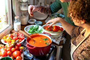 Cooking fresh tomato soup together.