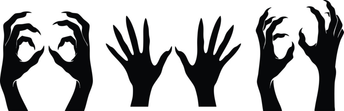 Spooky monster hands silhouette set, creepy demon claws with sharp nails, horror zombie hand vectors for Halloween posters and dark graphic design