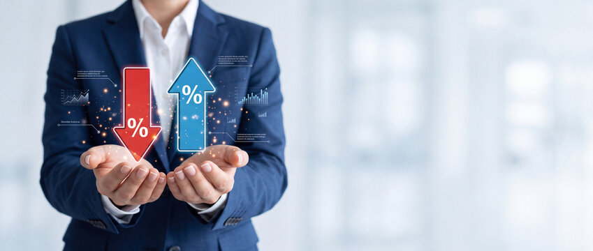 Businessman hands showing glowing up and down arrows with percentage symbols, illustrating financial concepts like interest rate fluctuation, stock market volatility, inflation, and economy growth.
