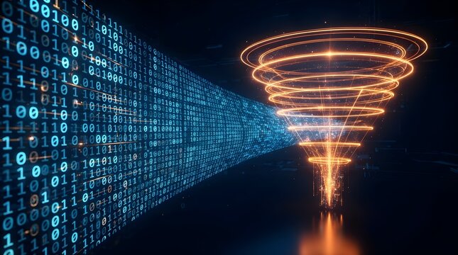 Futuristic digital big data processing concept showing blue binary code stream flowing into a glowing golden light funnel vortex for information analytics and cyber security technology.