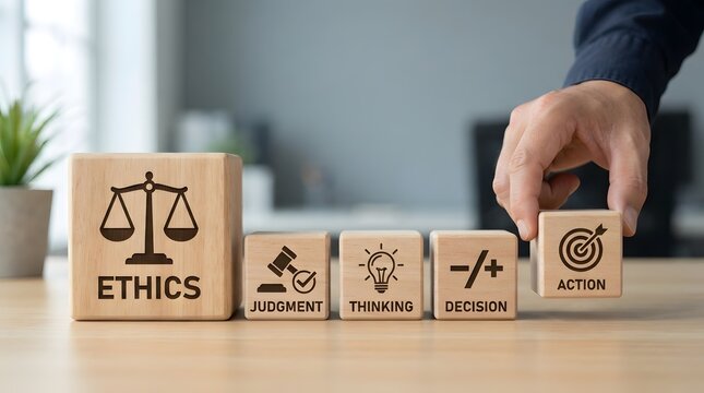Businessman hand arranging wooden cubes with business ethics icons including judgment, thinking, decision, and action, representing corporate social responsibility and moral principles in office.