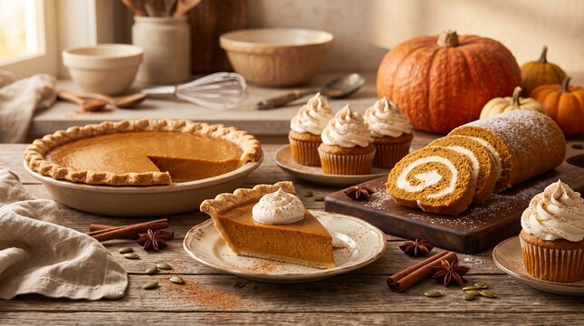 Assorted pumpkin treats: pies & cream slices, cupcakes, Swiss rolls; cinnamon, star anise, pumpkin seeds, wooden table, whole pumpkin, kitchenware; appetizing sweetness, autumn warmth.