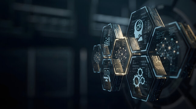 Advanced artificial intelligence and machine learning concept with glowing hexagonal HUD modules featuring neural network icons, human brain automation, data analytics, and digital processing.