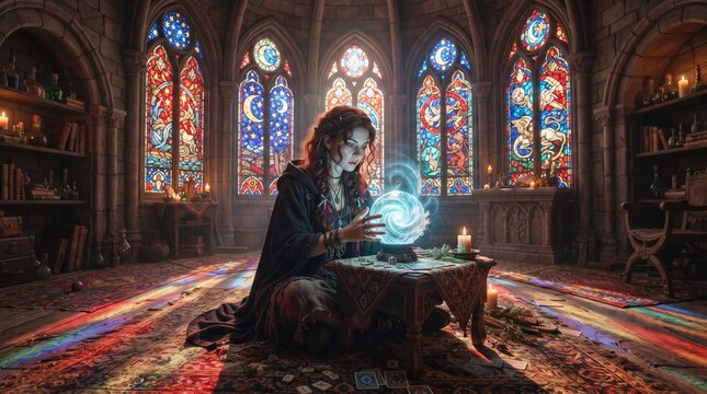 A wizard casts a spell involving a crystal ball, a vortex of energy, an ancient room with a glass window, candles, potion bottles, and divination cards. A mystical atmosphere; a world of ancient magic