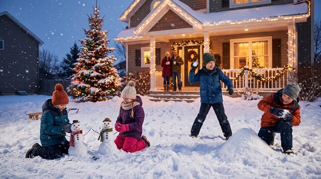 Children playing happily in the snow, building a snowman, throwing snowballs, a house glowing with Christmas lights, a fir tree, falling snow, family happiness, childhood memories, winter.