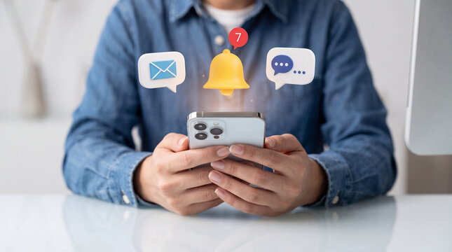 Close up of person holding modern smartphone with floating 3D notification icons for email, chat messages and yellow alert bell with number badge, concept of social media and digital communication