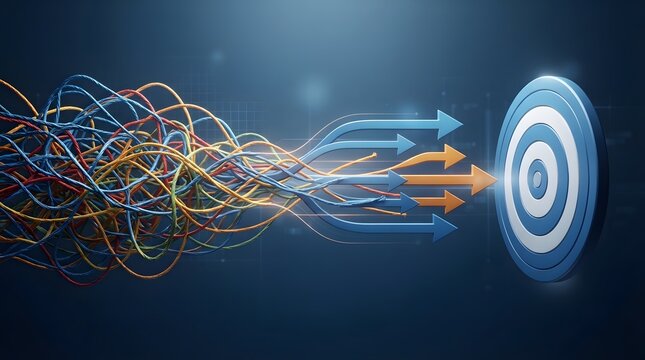 Abstract conceptual visualization of chaos and complexity transforming into order and focus, featuring colorful tangled strings evolving into straight arrows hitting a blue bullseye target