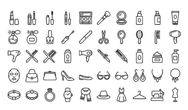 Beauty and cosmetics icon set with lipstick, nail polish, mascara, makeup brush, mirror, perfume, hair dryer, scissors, comb, face mask, handbag, sunglasses, jewelry and sewing machine, black line art