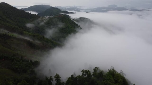 Aerial view green mountain range covered with thick morning fog and mist, scenic landscape tropical highlands in cloudy weather. forest nature background, travel adventure. valley hill. smoke cloud