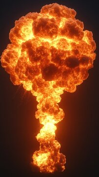 A massive explosion billows upward painting the sky in bright orange and yellow