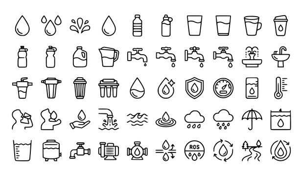 Water and hydration icon set with water drops, glass, bottle, faucet, filter, purifier, tank, rain cloud, waves, thermometer, pump, sink and umbrella, black line art vector illustration on white backg