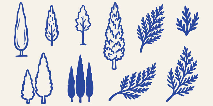 Collection of hand drawn doodle cypress trees and foliage elements on a light textured background