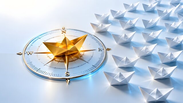 Golden paper boat acting as a leader on a compass directing a fleet of white paper boats, representing business leadership, vision, strategic direction, and corporate success concept.
