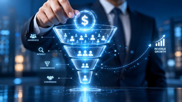 Businessman Interacting with Digital Sales Funnel Representing Customer Journey Stages from Awareness to Conversion for Revenue Growth and Lead Generation Strategy in Modern Corporate Environment
