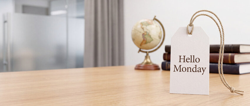 Hello Monday message on a white paper tag with string standing on a wooden desk in a bright office interior with a blurred globe and books background, concept of starting a new productive work week