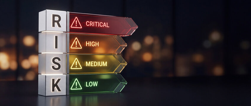 Risk Management Assessment Concept with Colorful 3D Blocks Showing Low Medium High and Critical Levels on a Dark Background with Bokeh Lights for Business and Finance Planning
