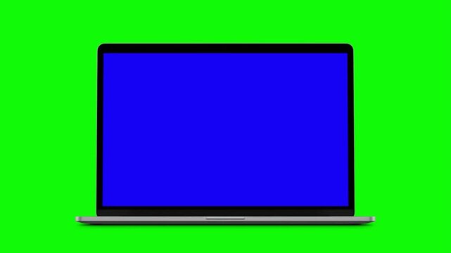 opening laptop with blue screen on green background. computer transparent isolated. 3d model pc chroma key empty black. Mockup. Mock up. Video Call, Website Template News advertisements. ads backdrop