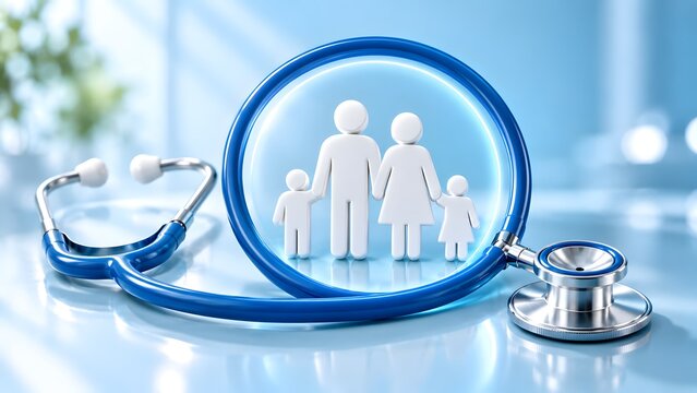 Medical insurance and family healthcare concept featuring a blue stethoscope surrounding stylized white figures of parents and children on a bright clinic background, representing protection.