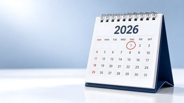 Desktop spiral calendar for the year 2026 with the first day of January circled in red on a clean blue and white background, concept for new year planning, appointment scheduling and goals.