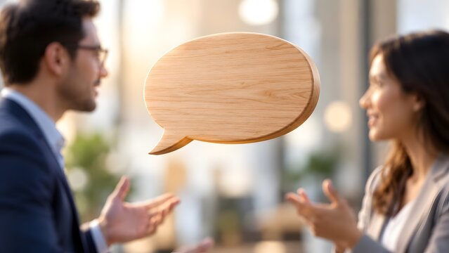 A professional businessman and businesswoman in a corporate office setting engaged in a deep conversation with a large empty wooden 3D speech bubble icon representing communication and dialogue.
