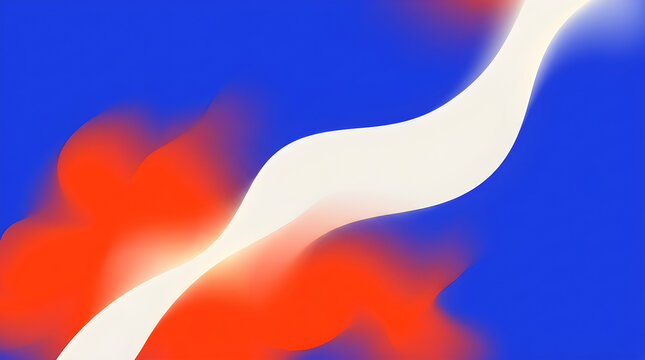 Abstract cobalt blue and orange red fluid gradient background with off white ribbon broad arc curve, soft airbrushed liquid blend texture, modern minimal wallpaper design for tech branding