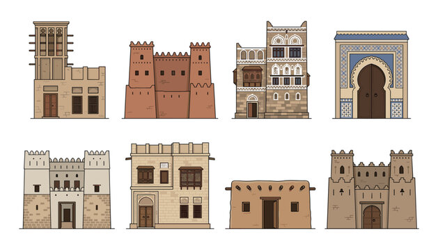 Traditional Arabic Architecture Vector Icon Set featuring Islamic Buildings, Heritage Mud Houses, Forts, and Ornamental Ancient Doors for Middle Eastern History and Tourism Designs.