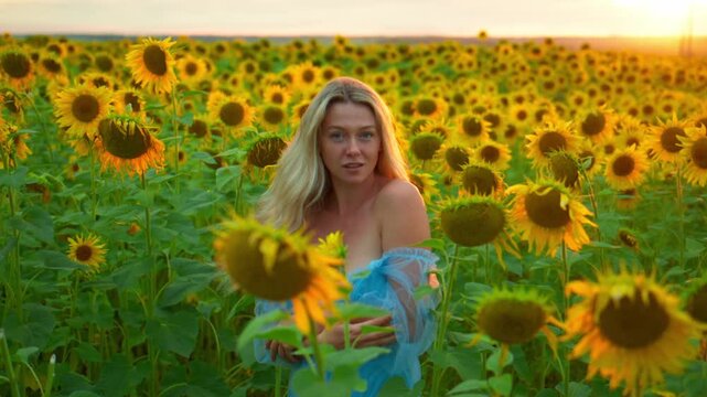 Young woman walks through sunflower field at sunset. Her blonde hair flows in wind. She smiles with joyful expression. Sunflowers bloom bright yellow under golden light. Ideal for travel, nature