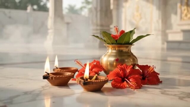 Diwali diyas with hibiscus flowers and brass kalash at temple altar 4K