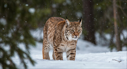 Eurasian lynx walking through a snowy forest in falling snow © Fotkrat