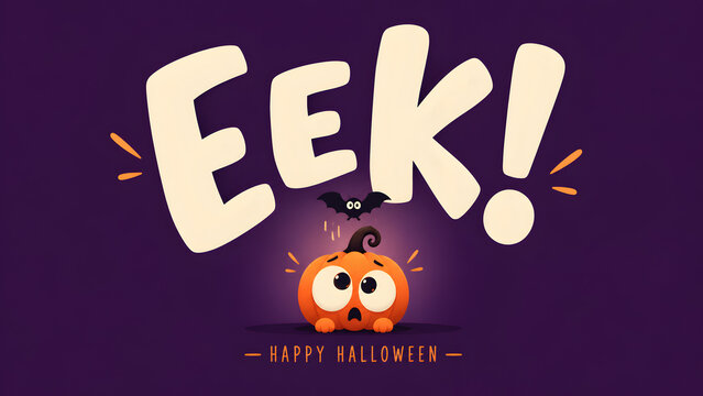 Eek happy halloween greeting card with cute surprised pumpkin character and bat on a purple background