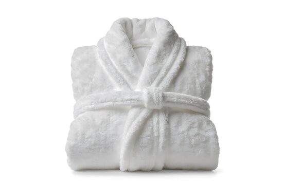 Clean white fluffy cotton bathrobe neatly folded isolated on white background
