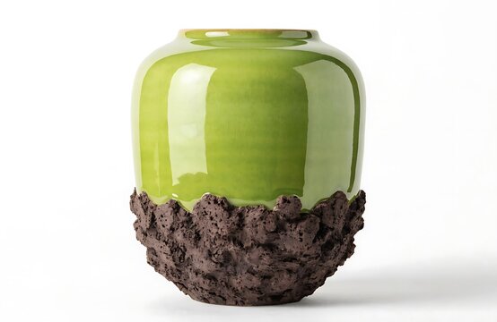 Modern ceramic vase with green glazed finish and textured dark base
