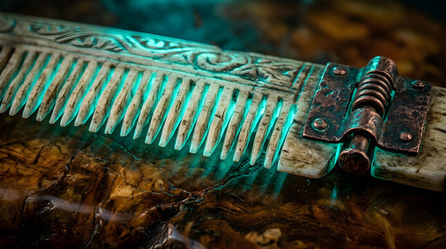 Extreme Macro Glowing Teal Antique Bone Comb Teeth Row with Copper Pin Hinge on Amber Ivory Surface