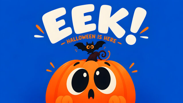 Eek halloween is here greeting card with a cute surprised pumpkin character and a small bat on blue background