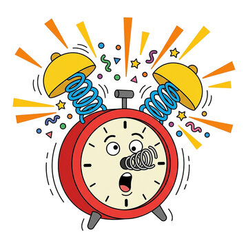 Cartoon alarm clock with a surprised face and springs popping out in a festive celebration