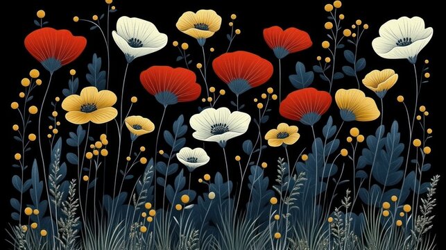 Colorful flowers dance gracefully against a deep black canvas showcasing nature's beauty