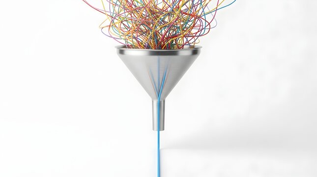 Abstract conceptual image of data processing or problem solving showing a messy tangle of colorful wires entering a metallic funnel and exiting as a single straight blue line on white background.