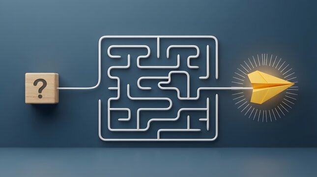 Concept of problem solving and navigating complexity showing a path from a question mark on a wooden block through a complicated maze leading to a glowing yellow paper airplane goal.