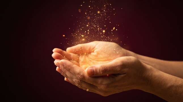 Hands holding glowing golden magic dust particles against dark background, mystical energy light sparks floating in palms, fantasy hope miracle concept, spiritual power abstract